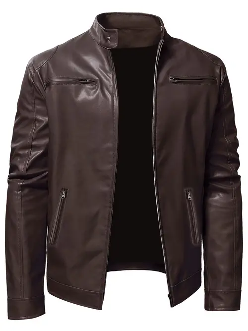 mens classic stand collar pu pu leather zip up motorcycle jacket regular fit long sleeve solid color zipper closure daily casual wear for pu lining non stretch fabric construction