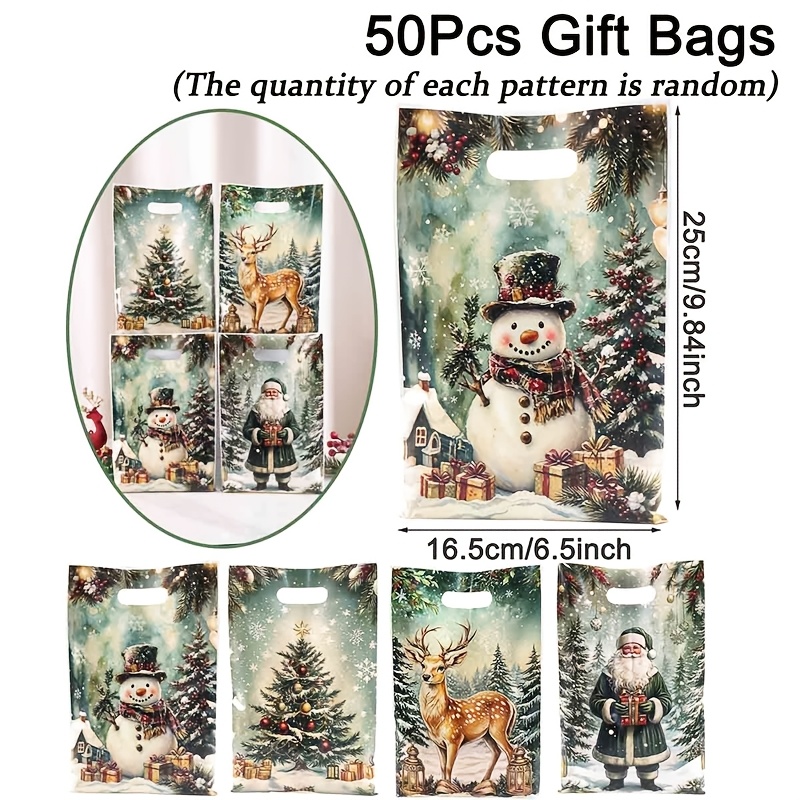 TEMU Gift For Her/him 10/20/50pcs Pack Christmas Gift Bags With 4 Styles Suitable For Santa Claus, Snowman, Reindeer & Xmas Tree Designs - Watercolor