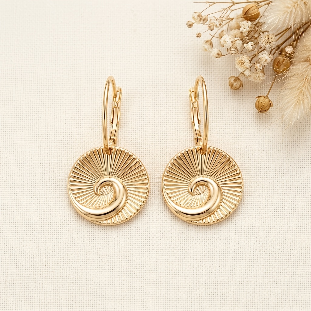 TEMU 1 Paire de Boucles d'Oreilles Pendantes Rondes à Motif Spirale Dorée Rayonnante, Style Bohème Vintage, avec Motif Spirale en Relief 3D et Design