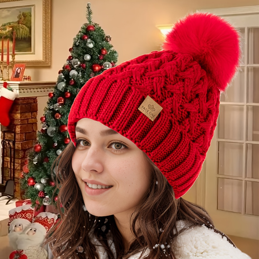 

2pcs Sets Womens Winter Ribbed Beanie Cap Chunky Cable Knit Pompom Soft Warm Hat, Hair Accessories, Thanksgiving Christmas Gift For Women