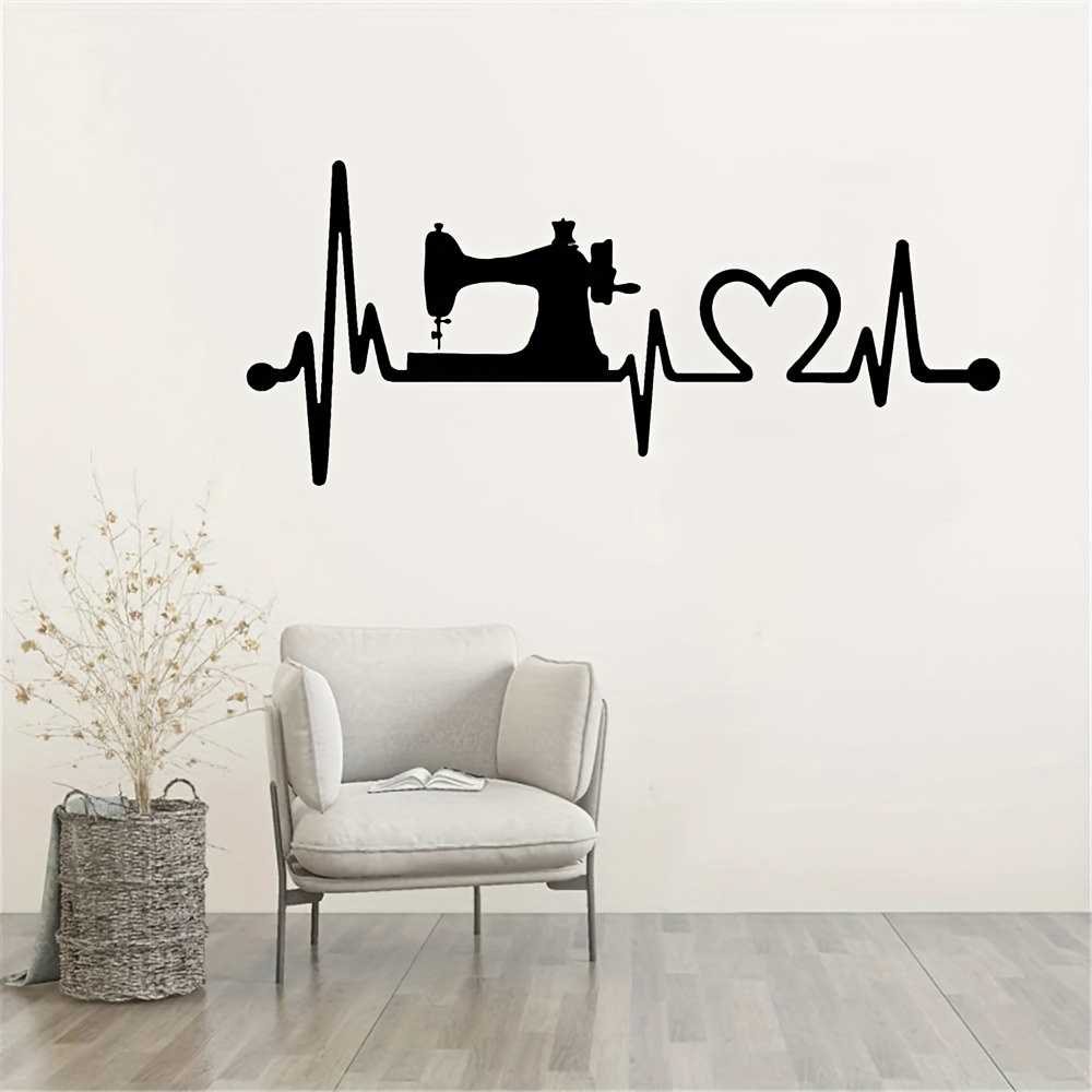 Sewing Machine Heartbeat Wall Decal - Removable Vinyl Mural For Sewing Room, Contemporary
