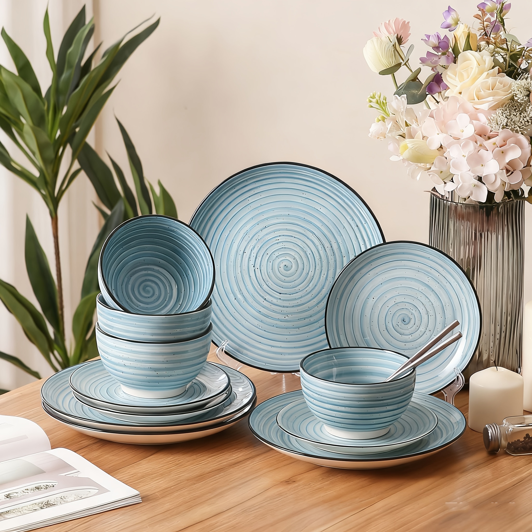 E-shop 12/24-teiliges Essgeschirrset, Geschirssets für 4-6 Personen, 2-seitig handbemalte Wirlplatten Schalen Set inkl. Esstellerchen Dessertteller
