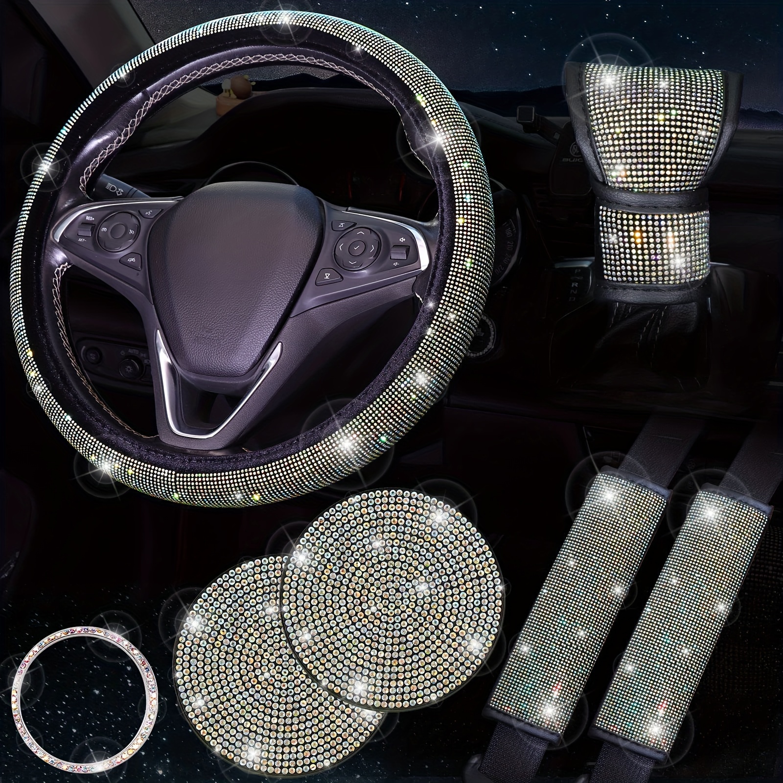 

7-piece Bling Car Interior Accessory Set With Diamond Steering Wheel Cover, Sparkling Rhinestone Seat Belt And Gear Shift Covers, Cup Coasters - Polyester Fiber Deluxe Combo Pack