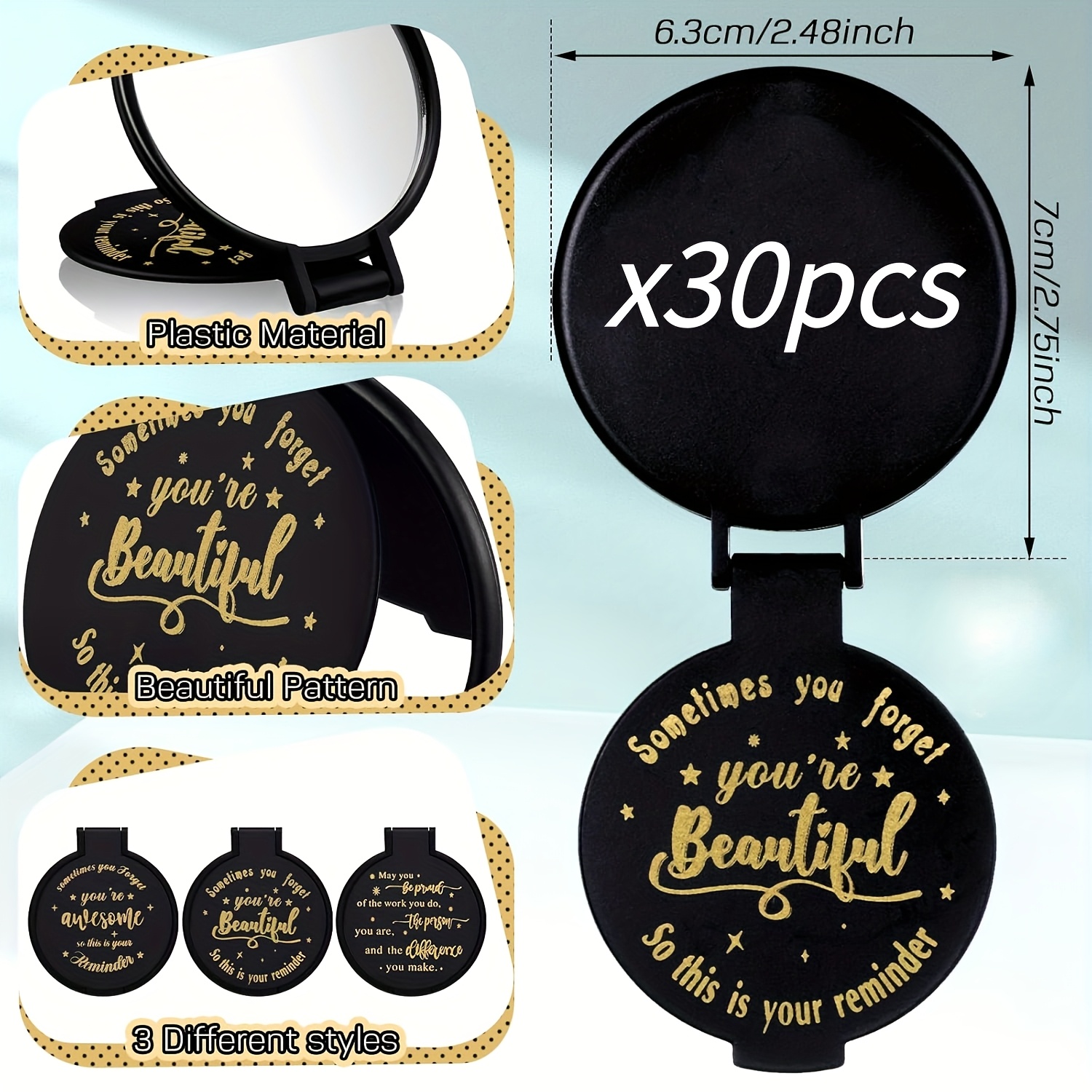 TEMU 30pcs Customized Makeup Mirror Set - Foldable Black Pocket Mirror, Customizable Images/text, Featuring Inspirational Quotes, Unisex Makeup