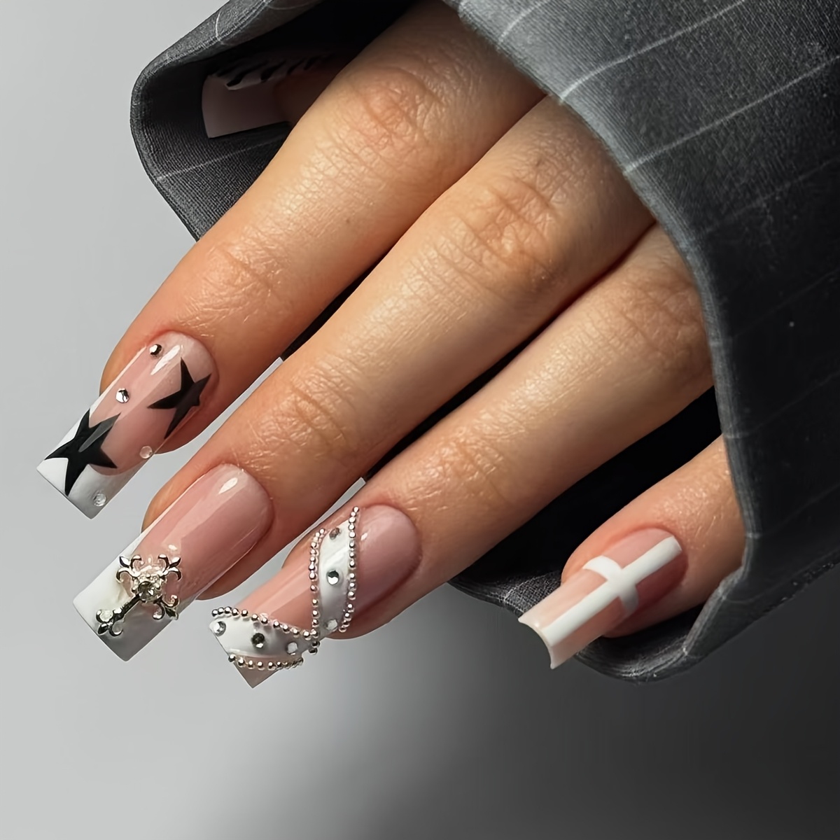 24pcs Y2k Rebellious Style Rectangular Nail Stickers, Decorated With Religious Patterns. White French Tip Acrylic Press-on Nail Stickers, , Decorated With Crosses