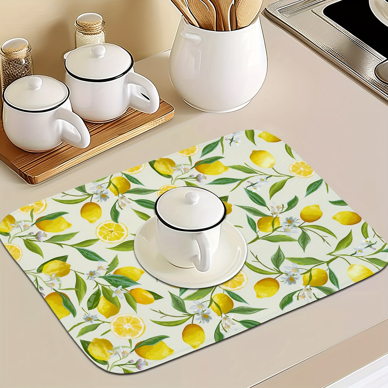 

1pc, Dish Drying Pad, Espresso Machine Countertop Absorbent Pad, Lemon Printed Washstand Drain Mat, Soft Faucet Absorbent Mat, Washstand Cup Mat, Kitchen Accessories, Bathroom Accessories