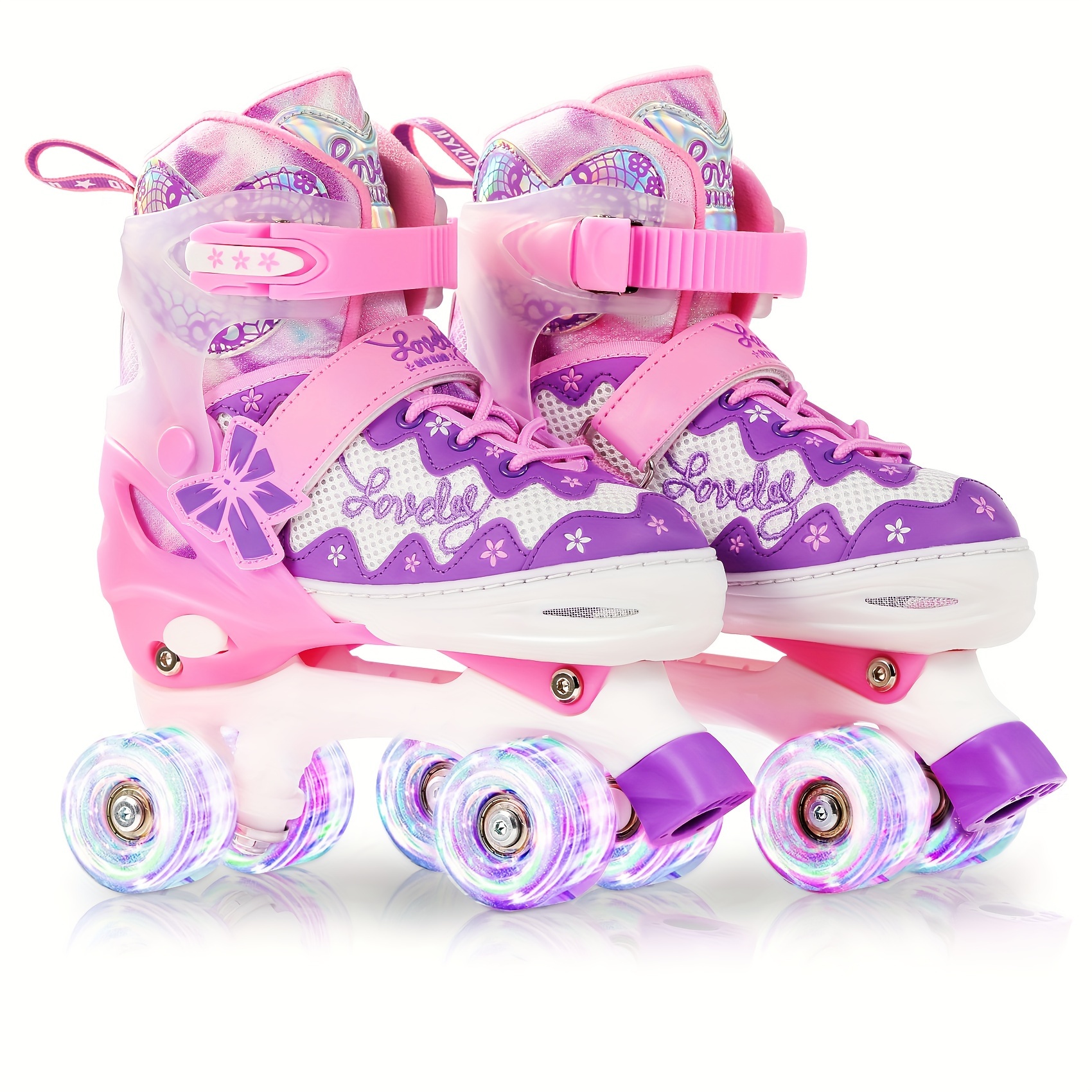 

4 Size Adjustable Roller Skates With Luminous Light Up Wheels, Safe For Girls Boys Kids Toddler, Trimmable Insole Included