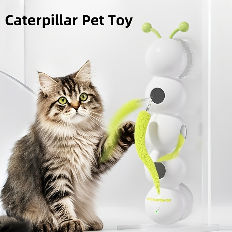 Image of A Rechargeable Interactive Plush Cat Toy Shaped Like A For Caterpillar, With A Feathered Stick Attached . It Enables Play And With A Spare Feather And A Usb Charging Cable.