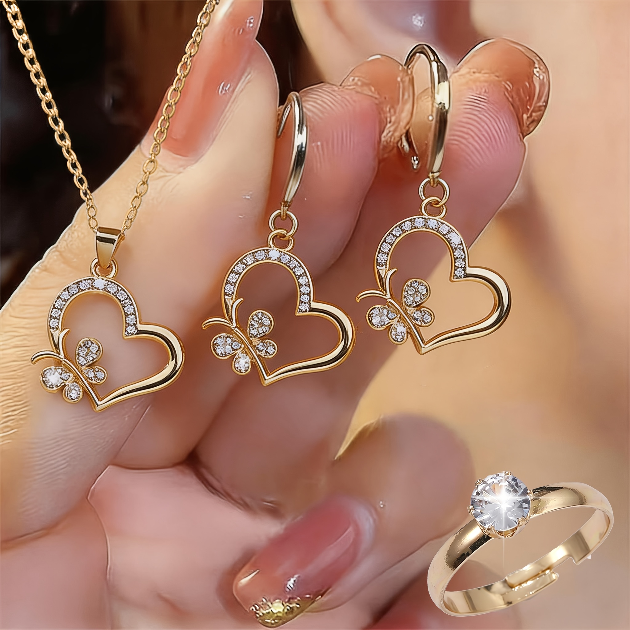 TEMU 4pcs Love Heart Jewelry Set For Women Luxury Simple Fashionable Trendy Versatile Women's Couple Street Daily Commuting Holiday Party Wear