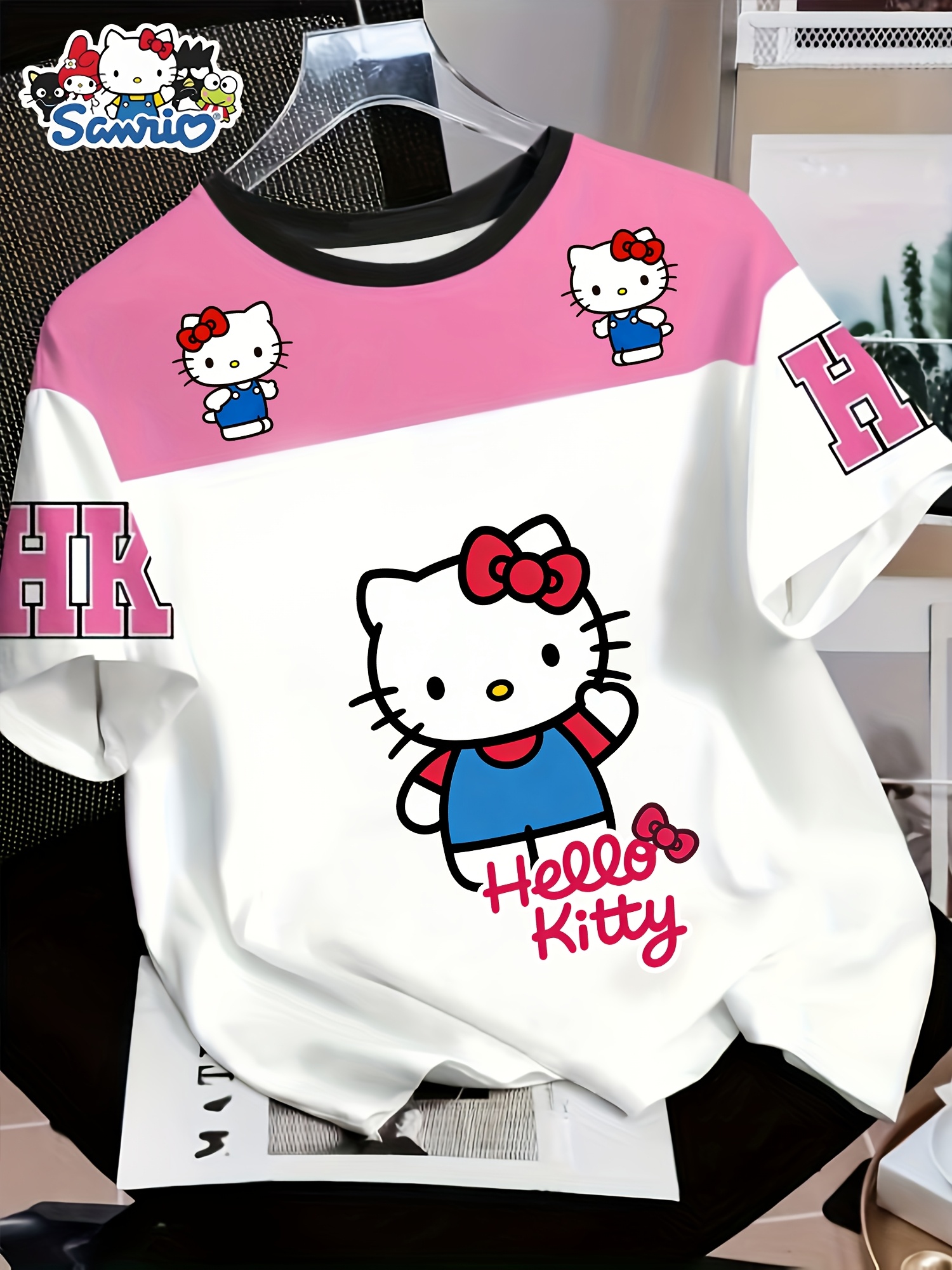       wear kids round neck short sleeve t shirt pink and white   hk letter design short sleeve   print top knit stretch fabric breathable and comfortable all match
