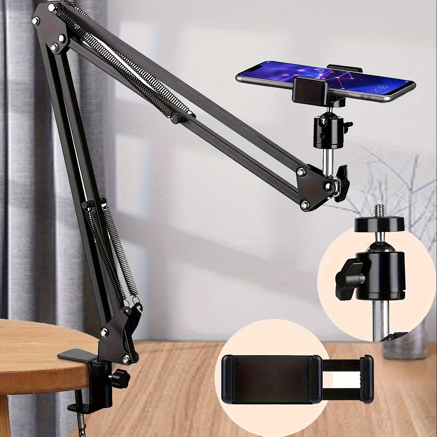 

Overhead Tripod Mount With Arm Flexible Cell Phone Stand Arm With Phone Holder And Table Clamp 1/4" Screw For Phone Video Recording Live Stream Phone Camera Ring Light Lamp