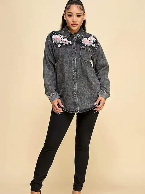spring and summer womens heavy duty collar pocket nail simulation diamond applique casual jacket shirt top