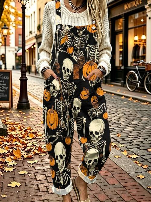 Artikelbild latzhose für damen mit totenkopf- kürbis-aufdruck, schwarze basis, herbstlicher s, gerades bein-overall, cargo-hose