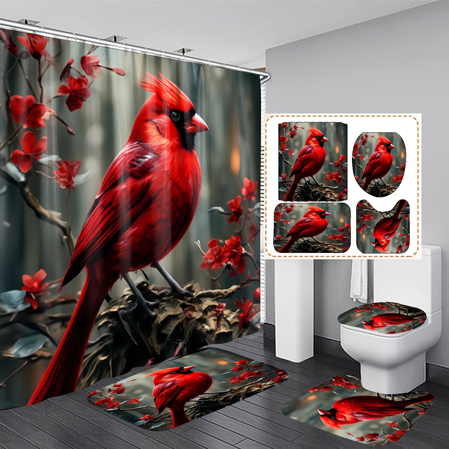 

4pcs Bathroom Set - Waterproof Shower Curtain With Hooks, Non-slip Bath Mat, U-shaped Rug & Toilet Lid Cover