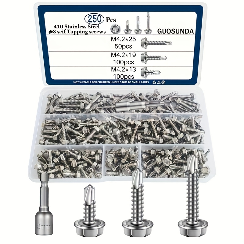 TEMU A Set Of 250 Stainless #8 Self-tapping Screws, Fully Threaded Round Head Hex Screws, Suitable For Wood, Metal, And Furniture Repairs, Including