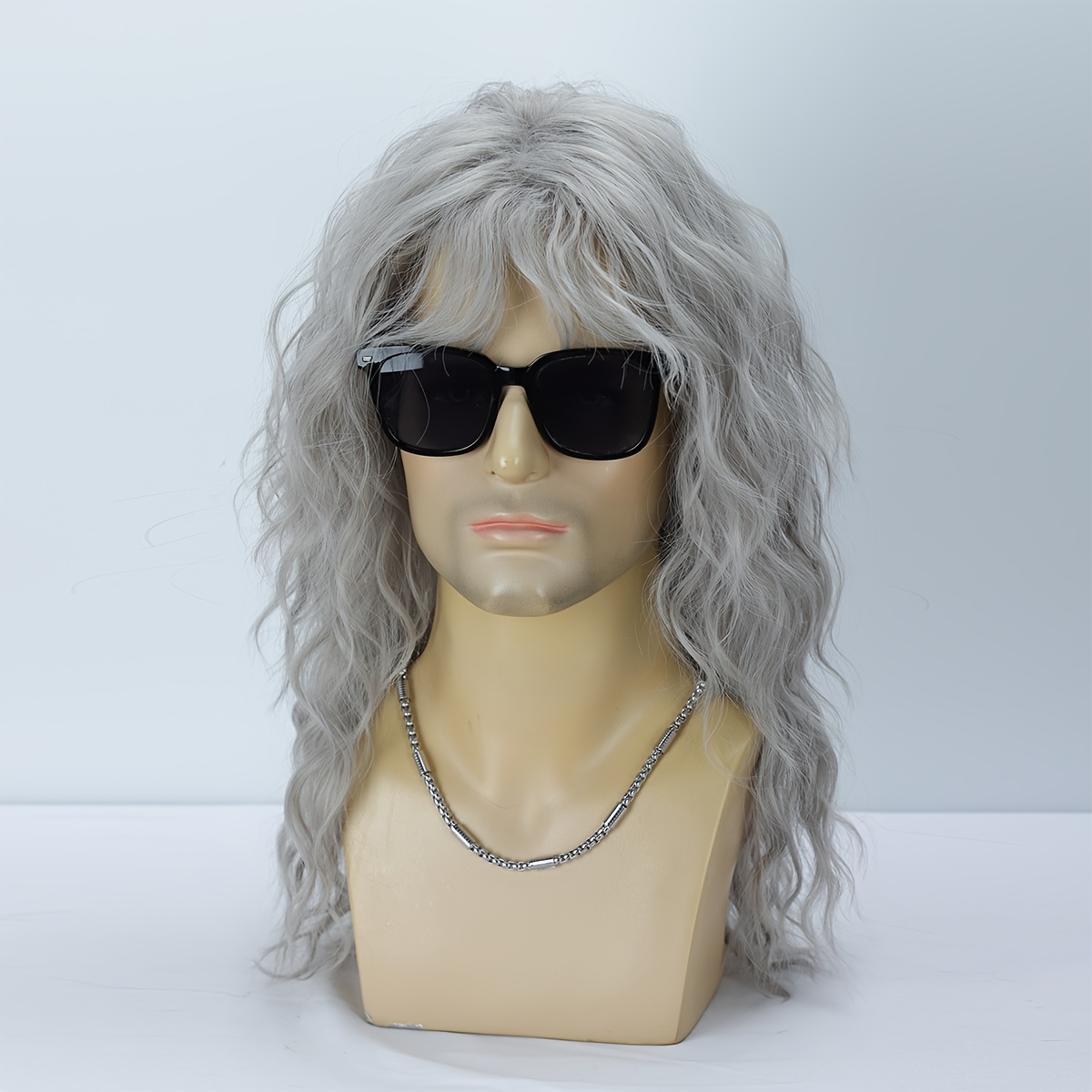 Image of A Synthetic Punk-style Long Curly Fiber Wig In 18 Inches For Men With A 70s-80s Rock Style, Suitable For Cosplay Costumes, Parties, Christmas Makeup Parties, And Music Festivals.