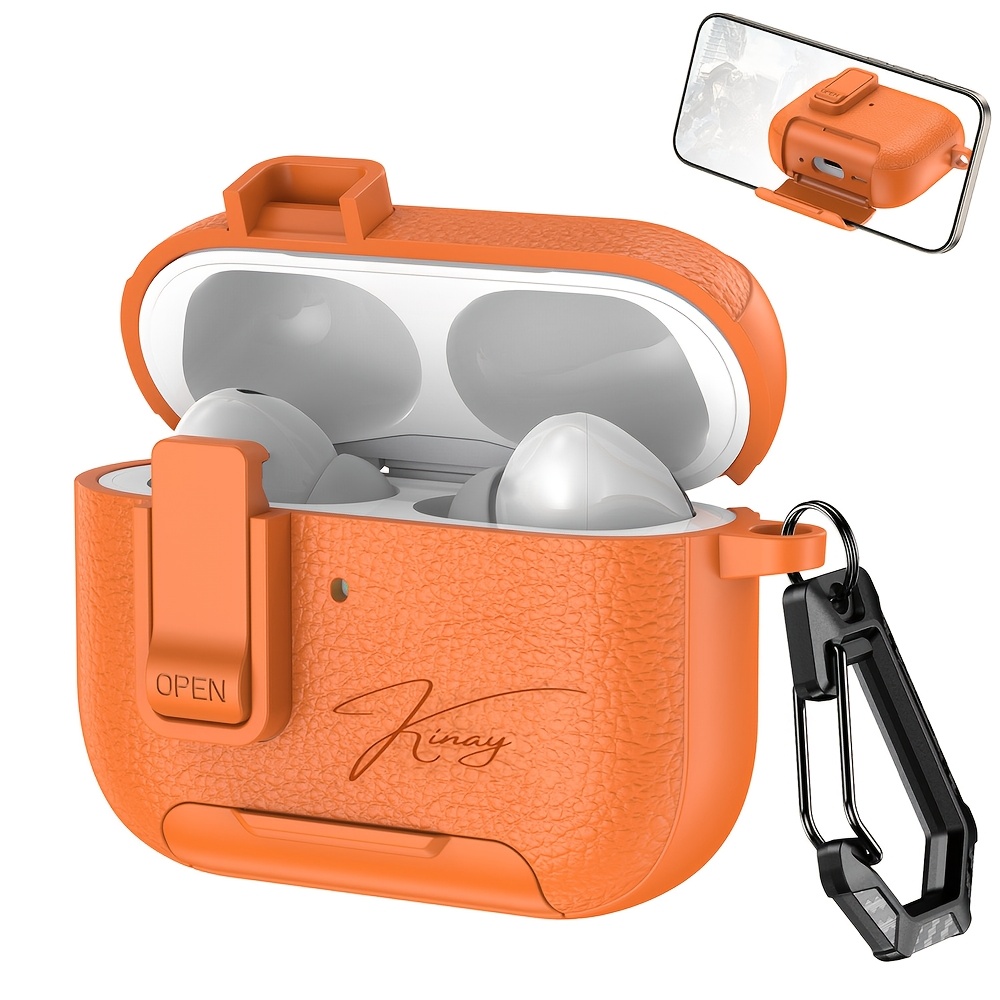 TEMU Tailored Engraved Name Letters With Lychee Design Lock Holder Faux Leather Earphone Case For Airpods 1/2 3 4 Pro 2 Protective Cover