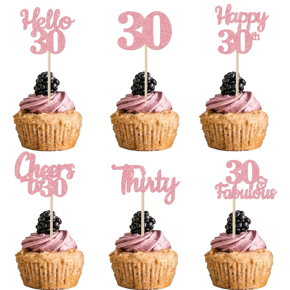 30th Birthday Cupcake Toppers Rose Golden Glitter, 12pcs Cheers To 30 Happy 30th Birthday Cake Picks, 30 & Fabulous Hello 30 Cupcake Decorations For Women 30th Birthday Anniversary Party Supplies