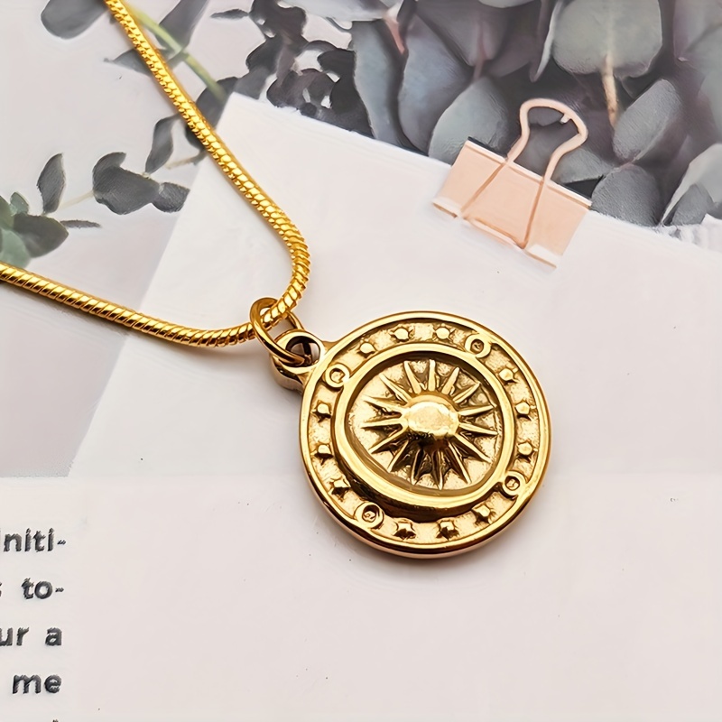 

Elegant Vintage-inspired Stainless Steel Necklace With Sun, Compass Pendant - Casual Attire Or Gifting