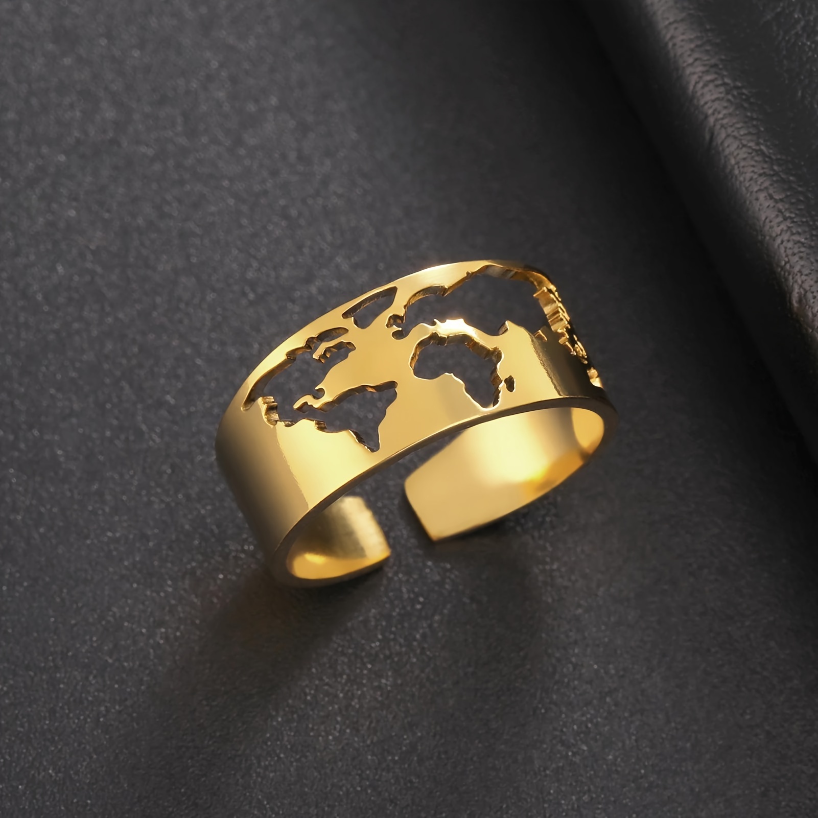 

1pc Kkjoy Punk Style Stainless Steel Adjustable World Map Hollow Out Ring, Geometric Open Jewelry, For Travel Party Gift