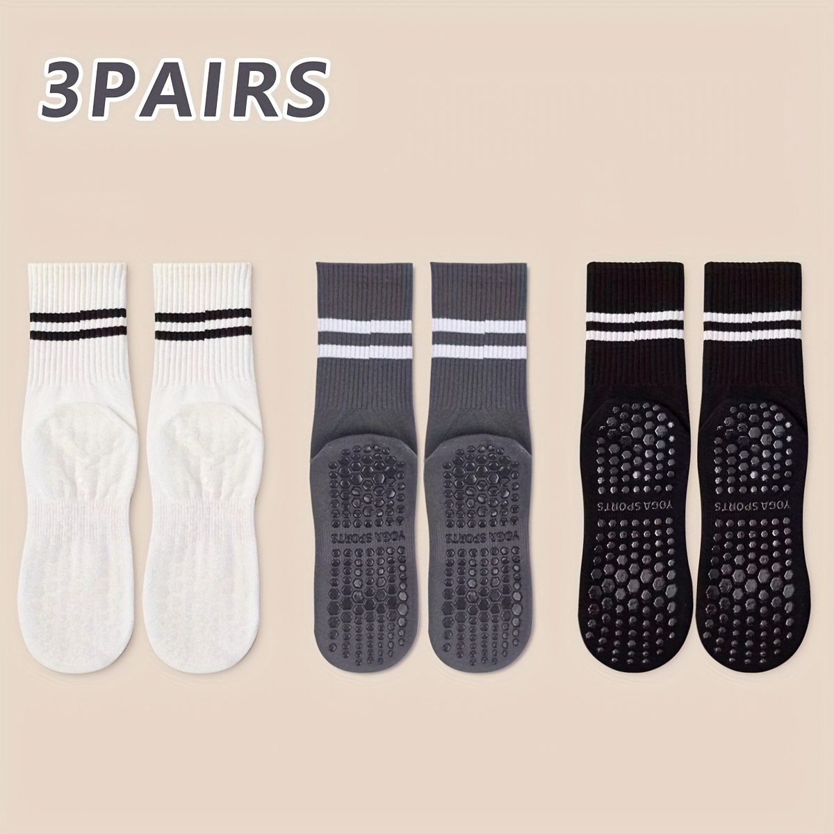 Image of 3-pair Women's Non-slip Sports Socks, Striped Mid-calf Socks In 6 Colors, Soft And Breathable Yoga Socks, Versatile Fashionable Outdoor Socks For