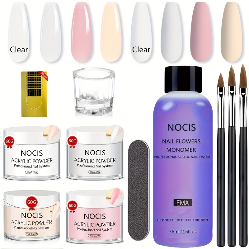 

Nocis Professional Acrylic Nail Kit: Complete Starter Set With Clear, White, Nude, And Pink Acrylic Powder, Monomer Liquid, Nail Brush, Nail Forms, Unscented And Easy To Use