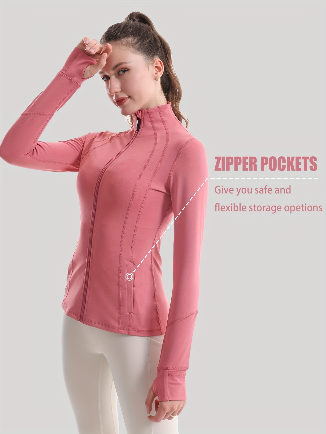 thumb hole pockets full zip fit workout running jacket Temu