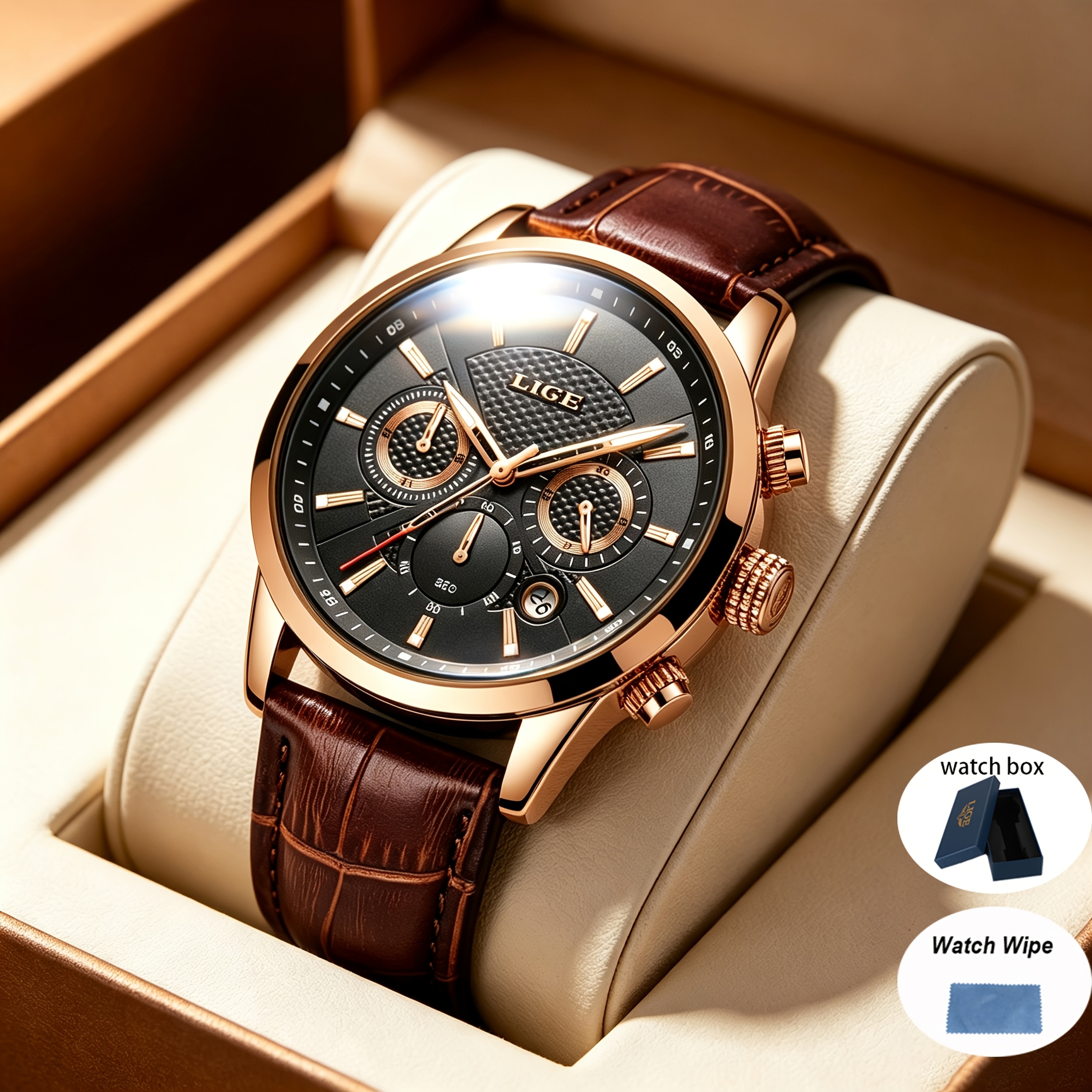 Image of Lige Multi-functional Luxury Display 3pcs (watch, Watch Box And Wiper)men's Watch, Pu Leather Strap, Luminous Date Display, Men's Fashion Casual Sports Watch, Holiday Gift
