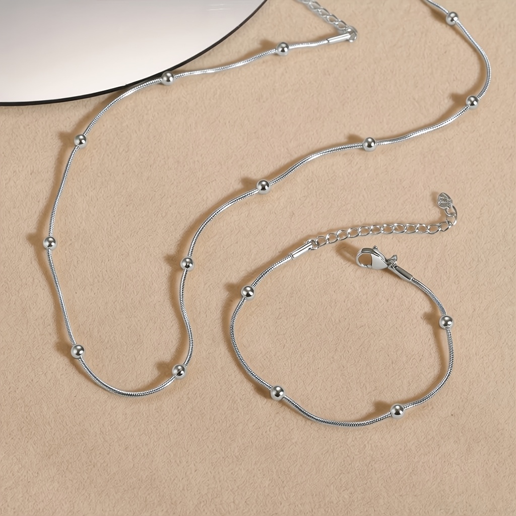TEMU 2 Stainless Steel Necklace & Bracelet Set, Minimalist Round Bead Design - Fashionable And Versatile Clavicle Chain, Women's Bracelet, 316l