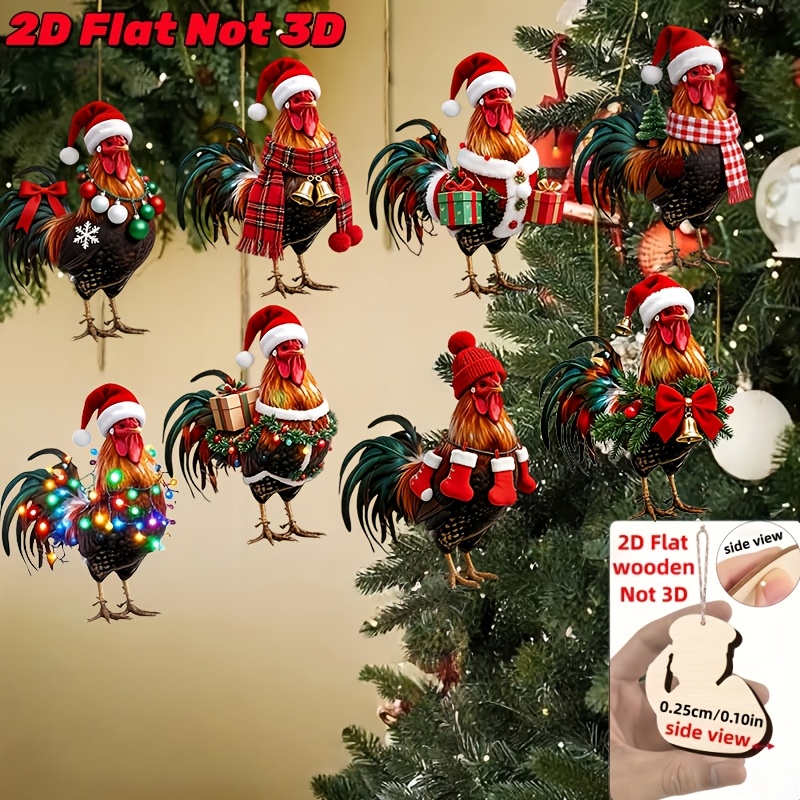 TEMU 2d Flat, 8pcs Christmas Themed Series With 8 Fun Christmas Chick Design Patterns Holiday Pendants, Handmade Wooden Hanging Ornament Set - Gift