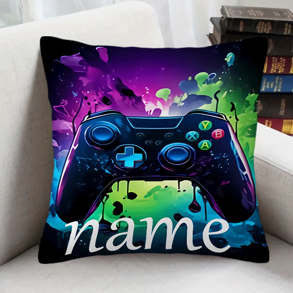 TEMU 1pc, Custom Text, Name Customization, Square Decorative Cushion Pillowcase, Colorful Game Controller, Car Seat Cushion For Home Daily Use,