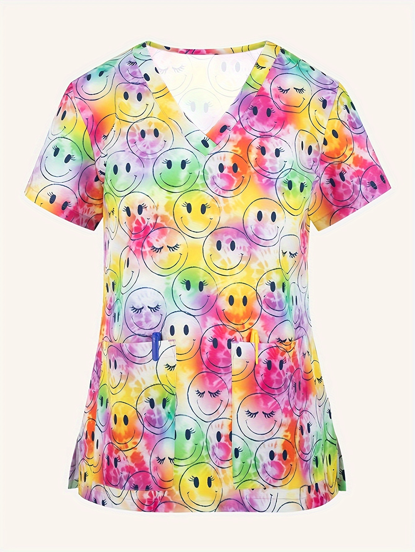  [Trend] Kadınlar için Esnek Karikatür Baskılı Hemşire Scrub Üstü Cepli - Nefes Alabilir, V-Yaka Tıbbi Üniforma Her Mevsim İçin