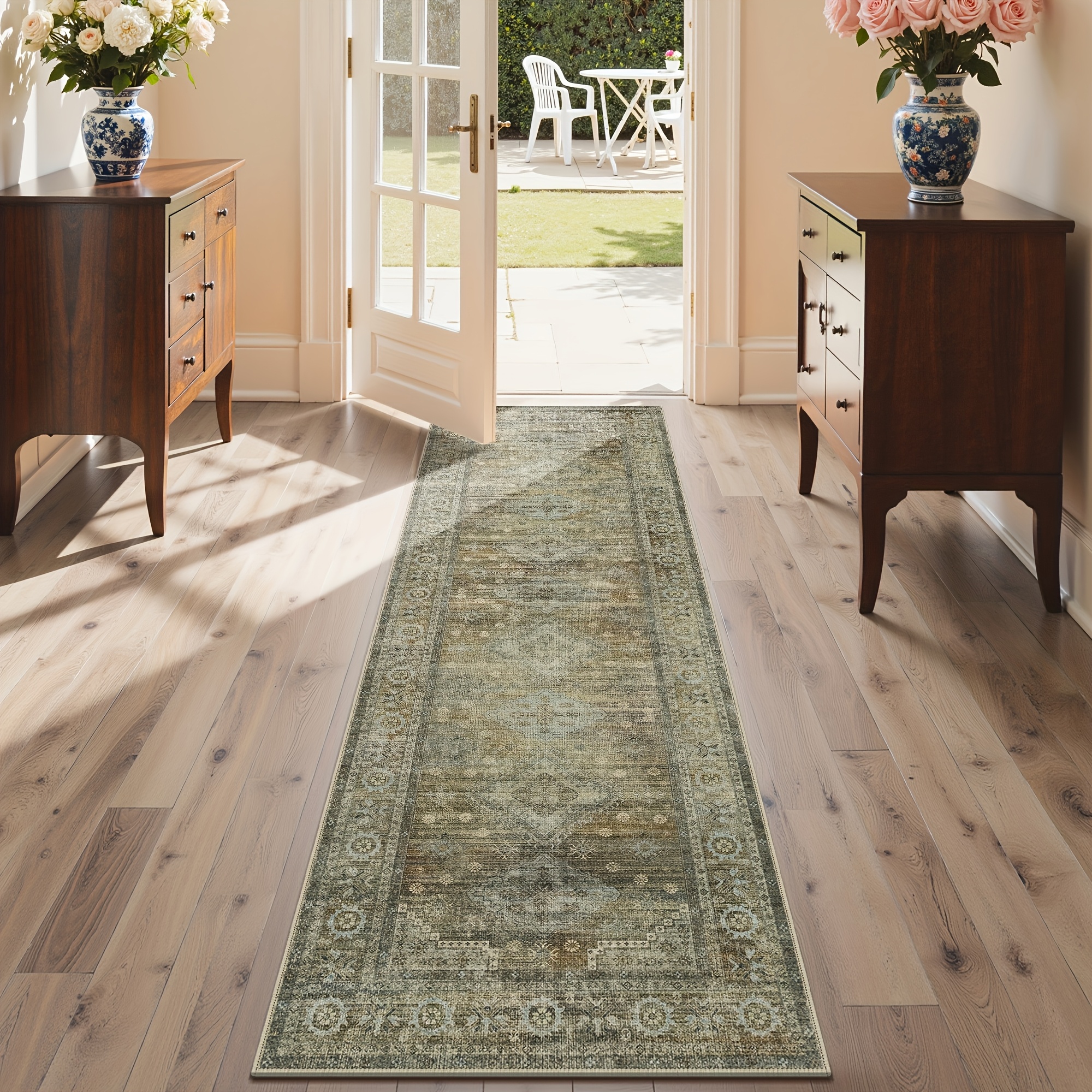 TEMU 1pc, Vintage Distressed Long Runner Rug, Flannel Material, Printed With Irregular Green, Beige And Gray Patterns, Suitable For Home
