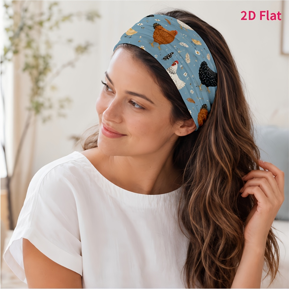 TEMU 2d Flat 1pc New Style Hair Tie, Pastoral Style Chicken Flock And Daisy Feather Print Pattern, Suitable For Yoga/fitness/daily Commuting/makeup