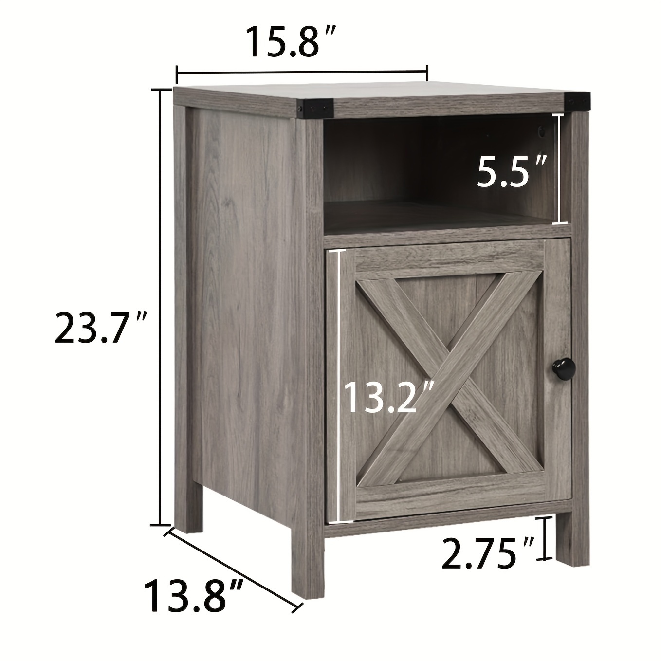 TEMU Farmhouse Nightstand, Rustic End Table With Barn Door And Storage Shelf, Bedside Tables Night Stand For Living Room Bedroom, Living Room, White Gray Oak Navy Blue Light Oak Dark Rustic Grey