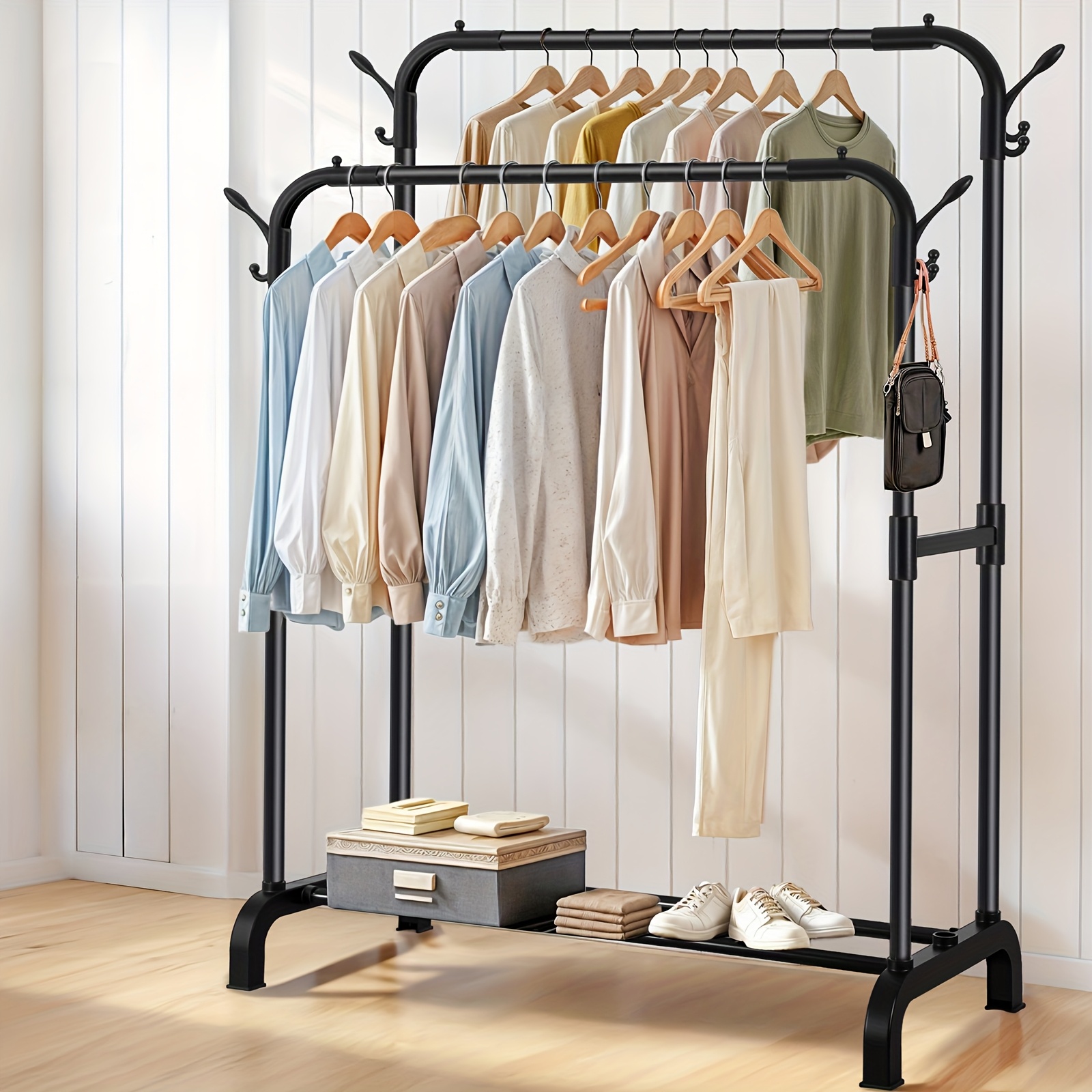 TEMU Metal Double Rodding Clothes Rack, Hangers (150lbs Capacity), Easy To Assemble, Suitable For Shopping Mall Family Clothing Storage And Hanging Clothes Pole Hangers, Ideal Gift For Mother