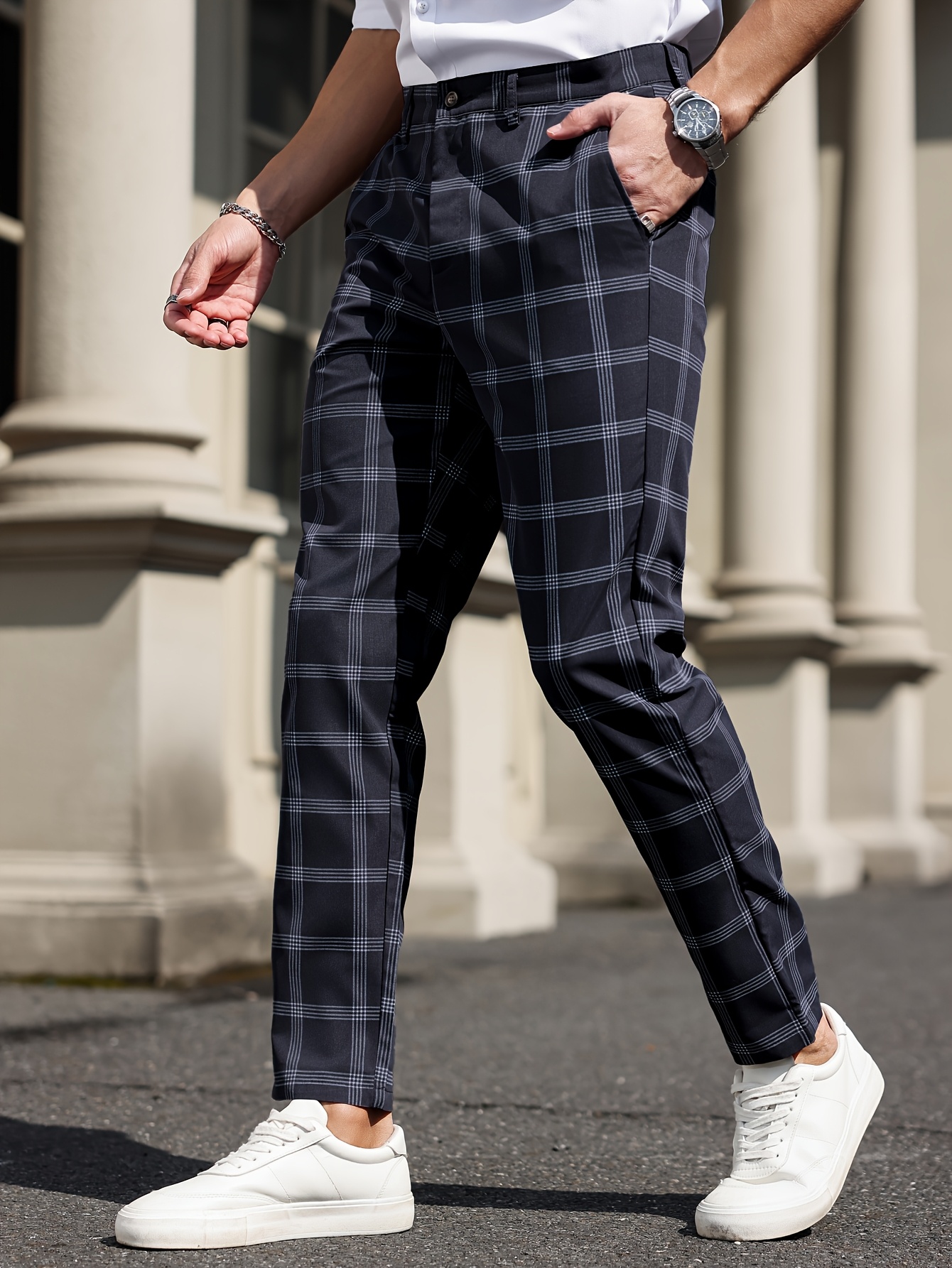 Slim Fit Black And White Plaid Pants Men Unique Bargains Men's