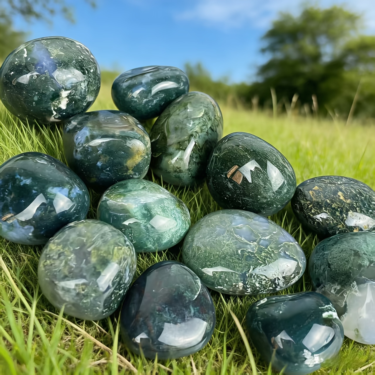 Natural Moss Agate Tumbled Stones, Large Polished Pocket Stones