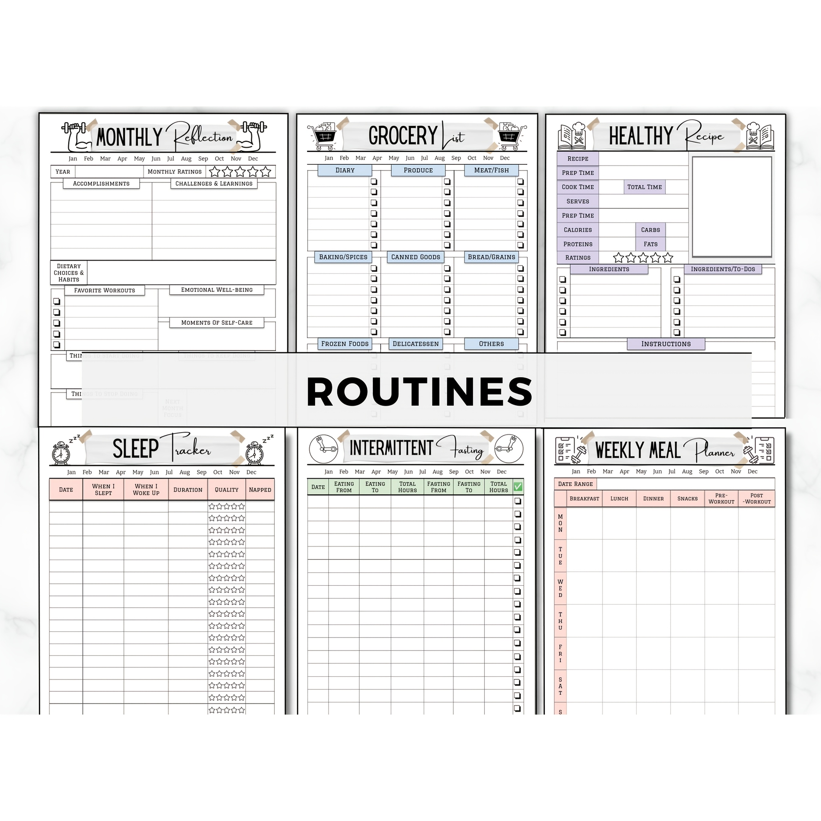 Printable Fitness Planner Bundle - 8 Weeks Meal & Workout Tracker, Habit Tracker, Goal Setting Journal for Weight Loss, Muscle Gain & Glow Up - Adult Health & Wellness Planner in English, Fitness Tracker|Vibrant Cover Design|Detailed Tracking