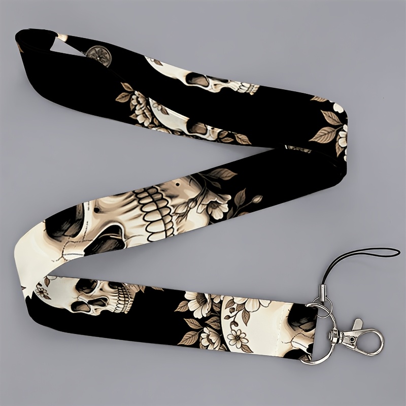TEMU 2D Flaches All-Gender Lanyard, geeignet für Büroangestellte und Studenten, Dunkler Style Totenkopf- & Blumenmuster Universalband für Handys und