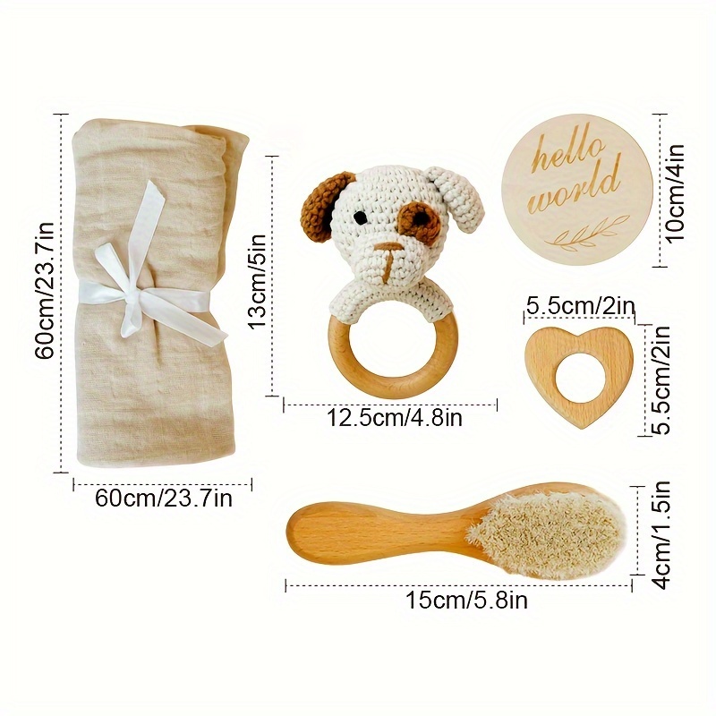 luxury handcrafted   shower gift set   crochet dog rattle soft bamboo cotton towel natural goat hair brush   heart toy and hello       to 3 years details 6