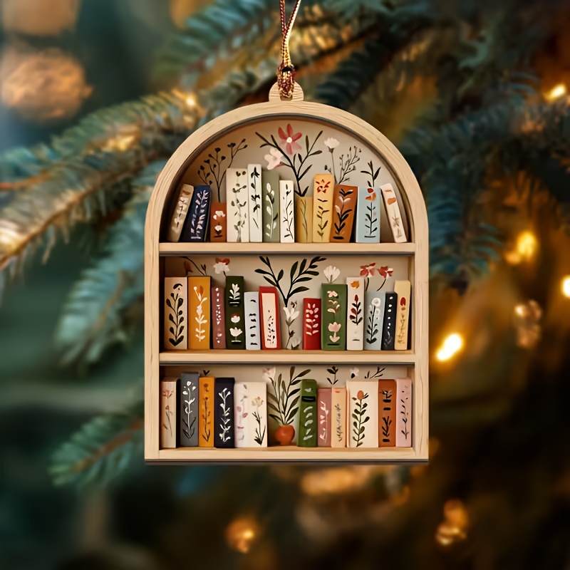 TEMU Adorno de madera 2D de estantería navideña, regalo de libro para árbol de Navidad, regalo para amante de los libros, decoración para de lectura,