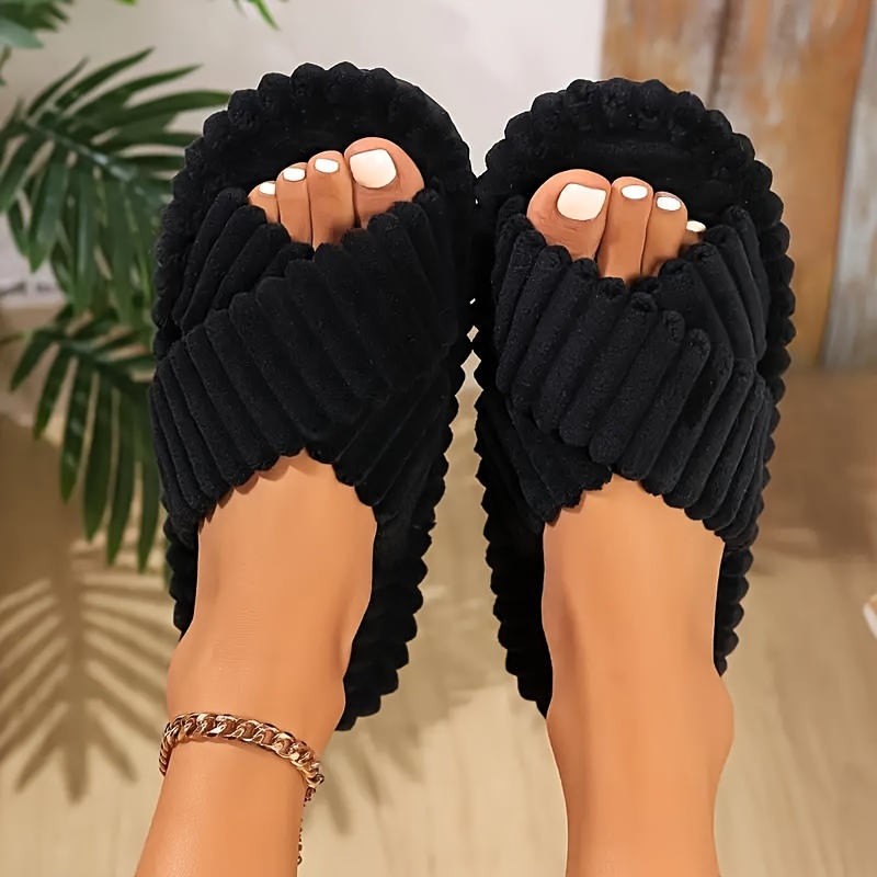 

Warm Solid Color Slippers, Casual Open Toe Plush Shoes, Comfortable Indoor Home Slippers
