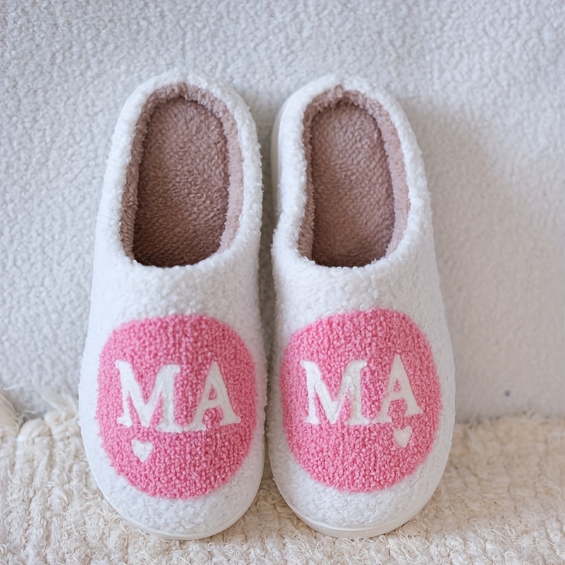 Image of Women' & Men' Mama Letter Embroidery Slippers - Thick Warm Plush Indoor Shoes With Non-slip Tpr Sole, Cozy Suitable For Home, Floor Care, , Unisex For And Gift, Women Shoes