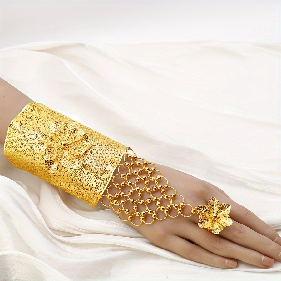 24k gold plated vintage boho floral cuff bracelet with chain elegant alloy openwork flower detailing for parties weddings and valentines day versatile jewelry accessory for women details 0