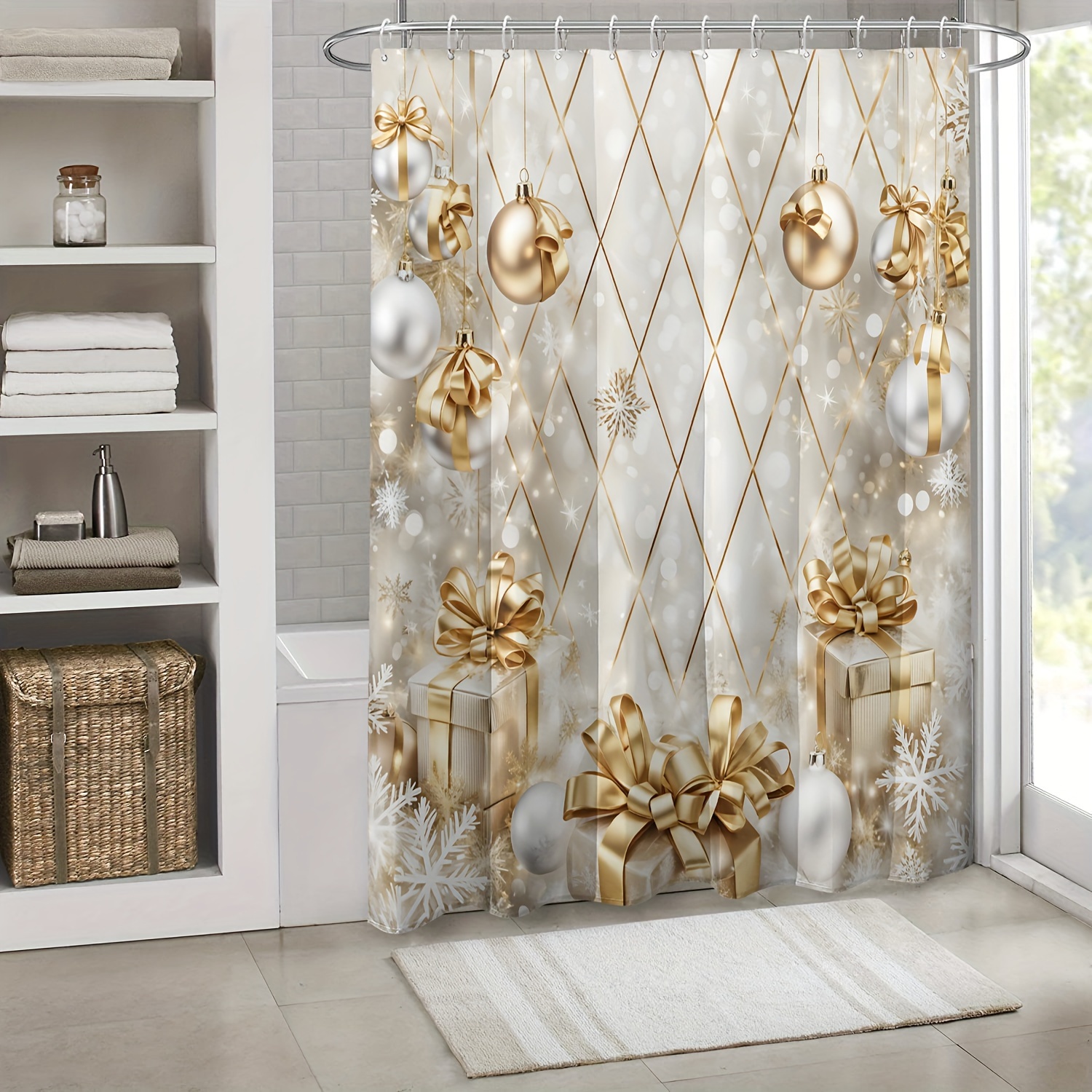 

1pc Luxury Golden Christmas Shower Curtain Set With Hooks, 180x180cm Waterproof Polyester Bathroom Curtain, Machine Washable, Festive Holiday Decor, Modern Printed Window Curtain For Home And Room