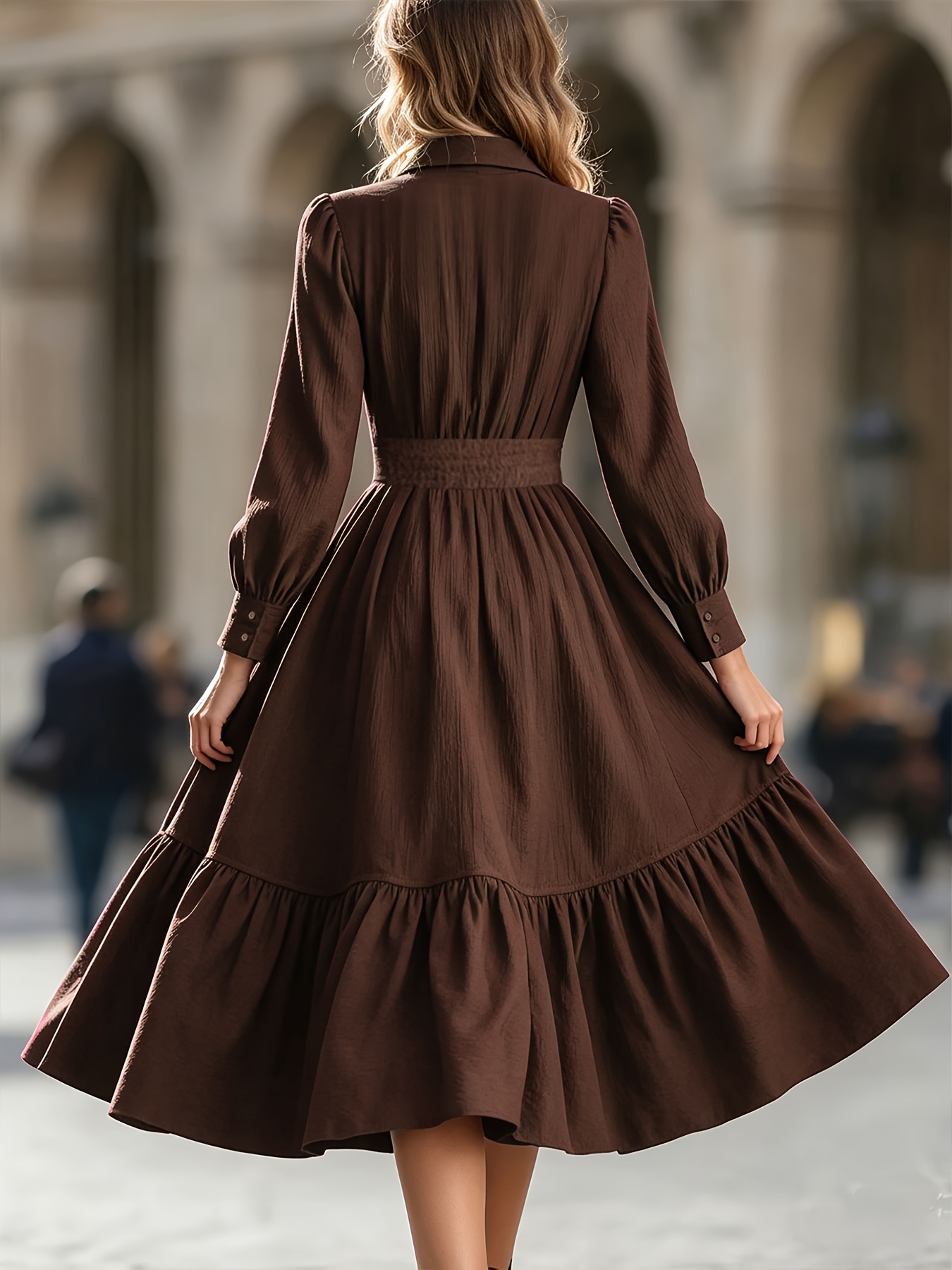 1pc western style long dress puff sleeve waist cinching