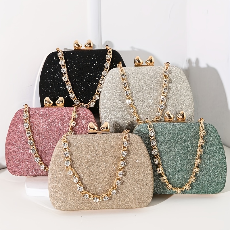 

Glitter Evening Clutch With Studded Chain, Fashion Heart-shaped Metal Handbag, Chic Crossbody Shoulder Bag For Banquet And Party, Pu Material