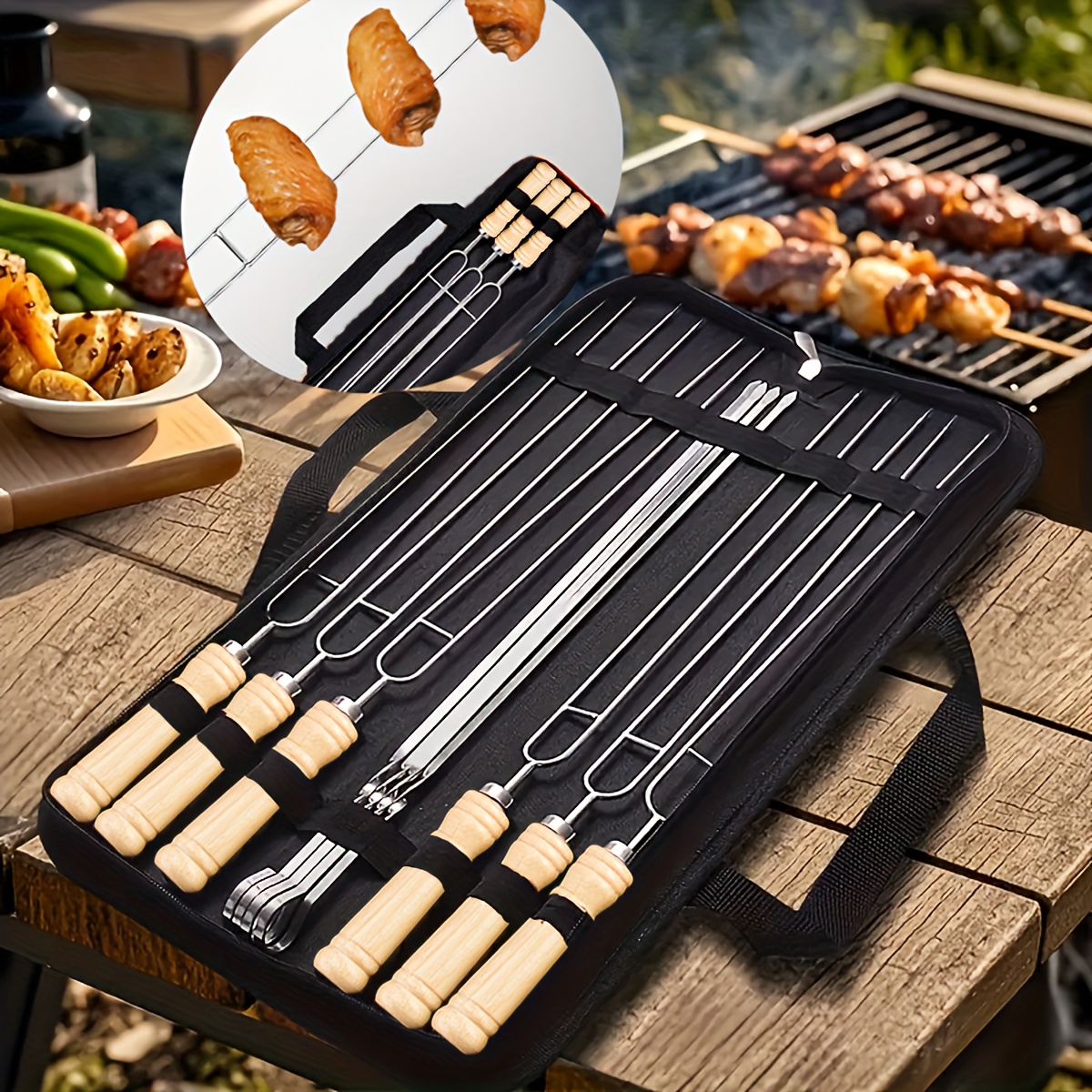 E-shop 10-teiliges Edelstahl-Spießset mit Aufbewahrungstasche, Grillzubehör/verdickt, biegefest, für Picknick im