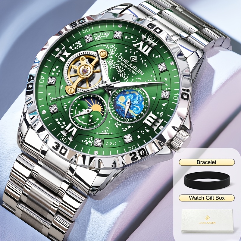 Image of Green Sun Chronicle Men's Mechanical Watch, Moon Eyes Automatic Movement, Hollow Starry Sky Pattern Dial, Iconic Pit Pattern Bezel, Manager Accessories